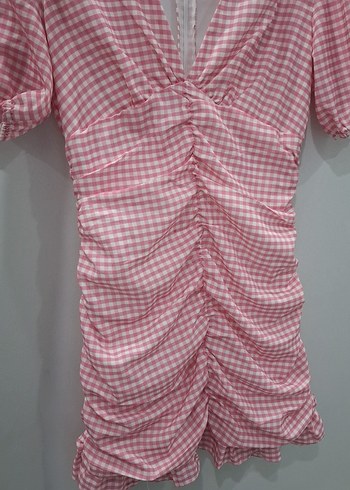 Pembe Kareli Kısa Kollu Mini Elbise - Görsel 3