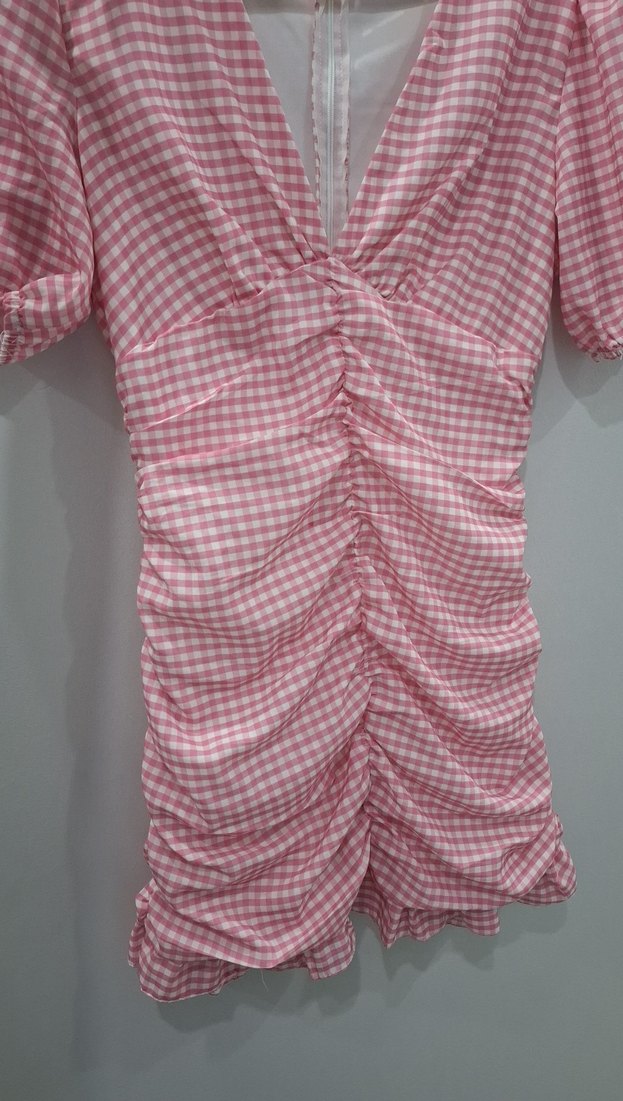 Pembe Kareli Kısa Kollu Mini Elbise - Görsel 3