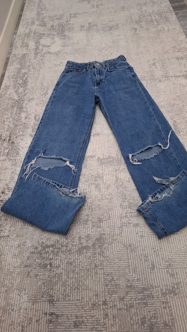 Yırtık Detaylı Mavi Kadın Denim Pantolon - Görsel 2