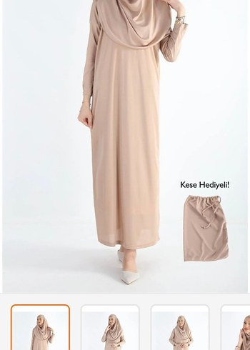Bej Uzun Kollu Salaş Tesettür Elbise - Görsel 2