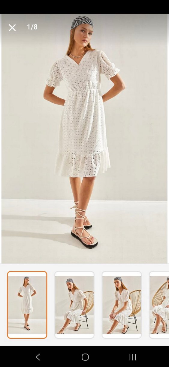 Beyaz Nakışlı V Yaka Mini Elbise - Görsel 3