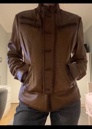 Düğmeli Kahverengi Vintage Deri Kadın Ceket - Görsel 2