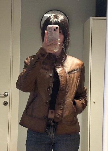 Düğmeli Kahverengi Vintage Deri Kadın Ceket - Görsel 3