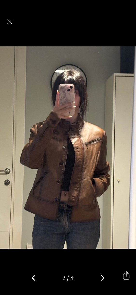 Düğmeli Kahverengi Vintage Deri Kadın Ceket - Görsel 3