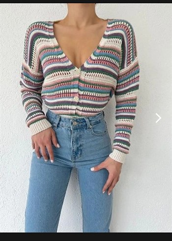 V Yaka Düğmeli Renkli Ajurlu Triko Kadın Hırka - Görsel 2