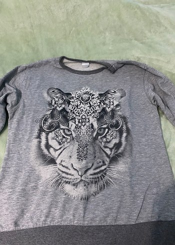 Bohem Gri Kaplan Baskılı Kadın Sweatshirt