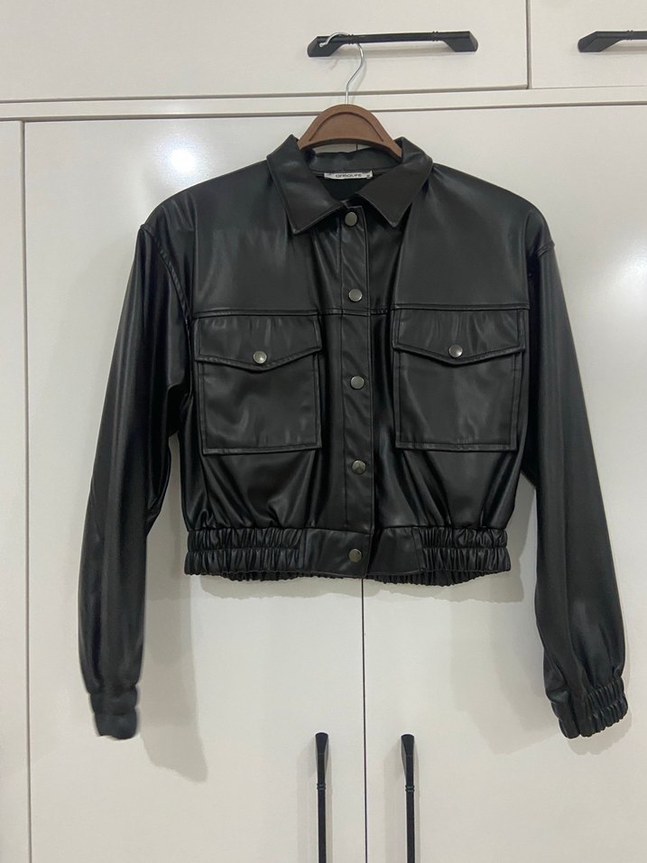 Kadın Siyah Mini Deri Ceket - Görsel 2