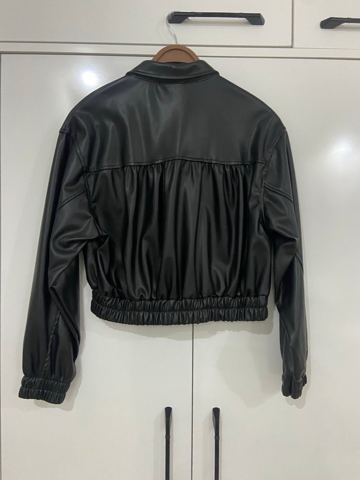Kadın Siyah Mini Deri Ceket - Görsel 3