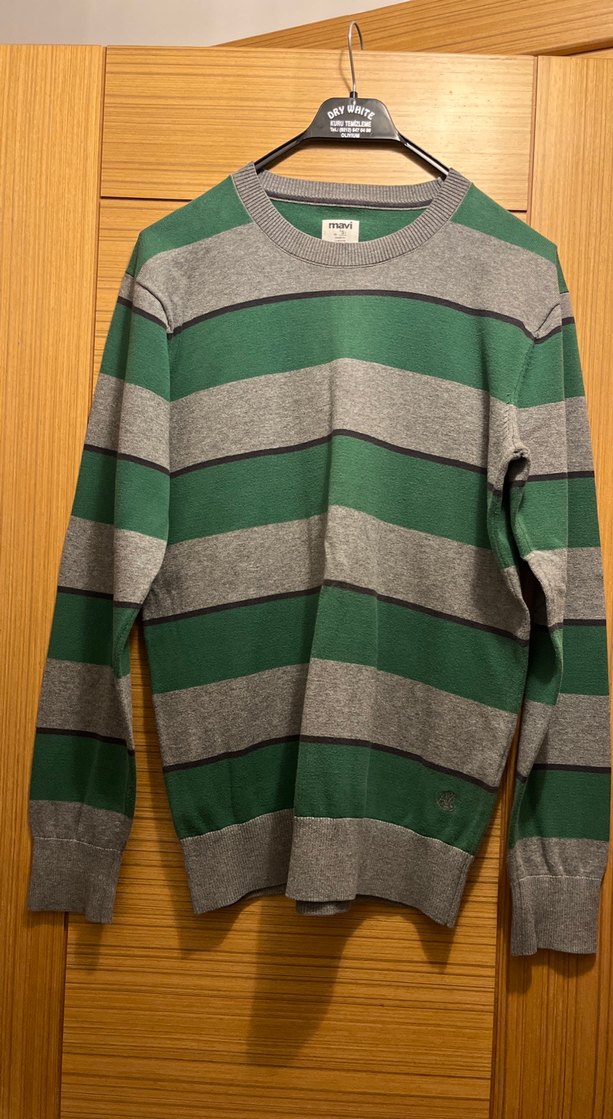 Mavi Gri Yeşil Çizgili Erkek Triko Sweatshirt - Görsel 2