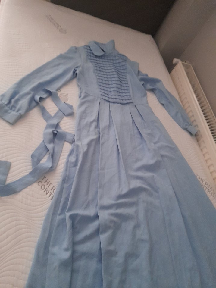 Mavi Vintage Uzun Keten Elbise - Görsel 2