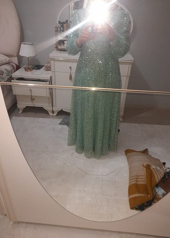 Turkuaz Uzun Kollu Payetli Abiye Elbise - Görsel 3