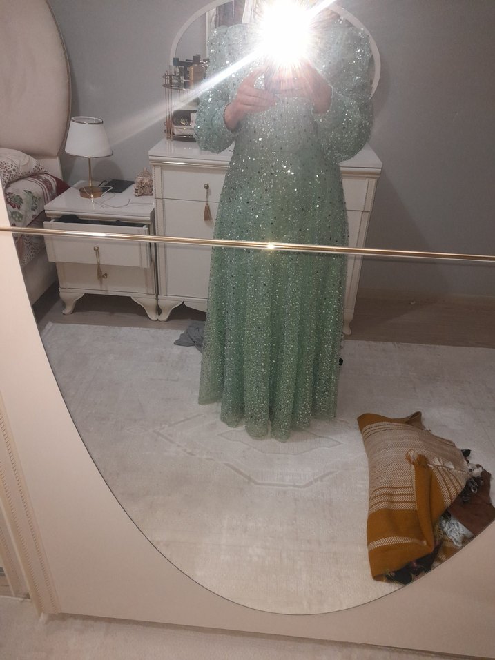 Turkuaz Uzun Kollu Payetli Abiye Elbise - Görsel 3