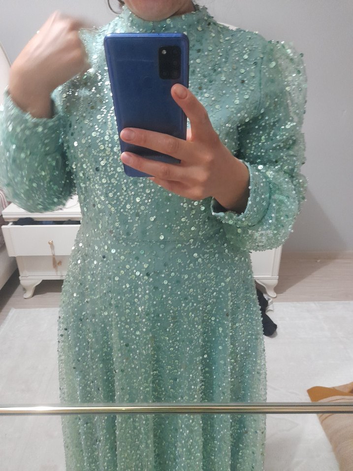 Turkuaz Uzun Kollu Payetli Abiye Elbise - Görsel 2