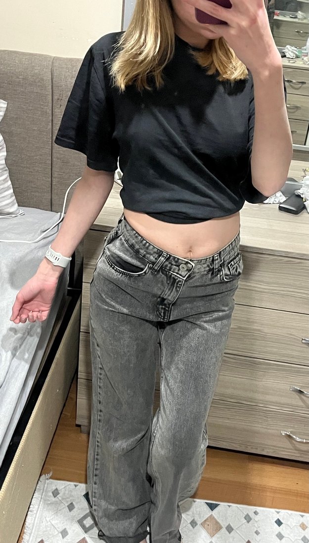 Gri bol paça  Kadın Kot Pantolon - Görsel 2