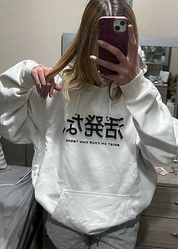 Beyaz Baskılı Yüksek Yakalı Sweatshirt - Görsel 2