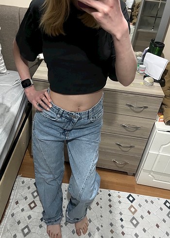 Kadın mavi Rahat Kesim bol paça Kot Pantolon - Görsel 3