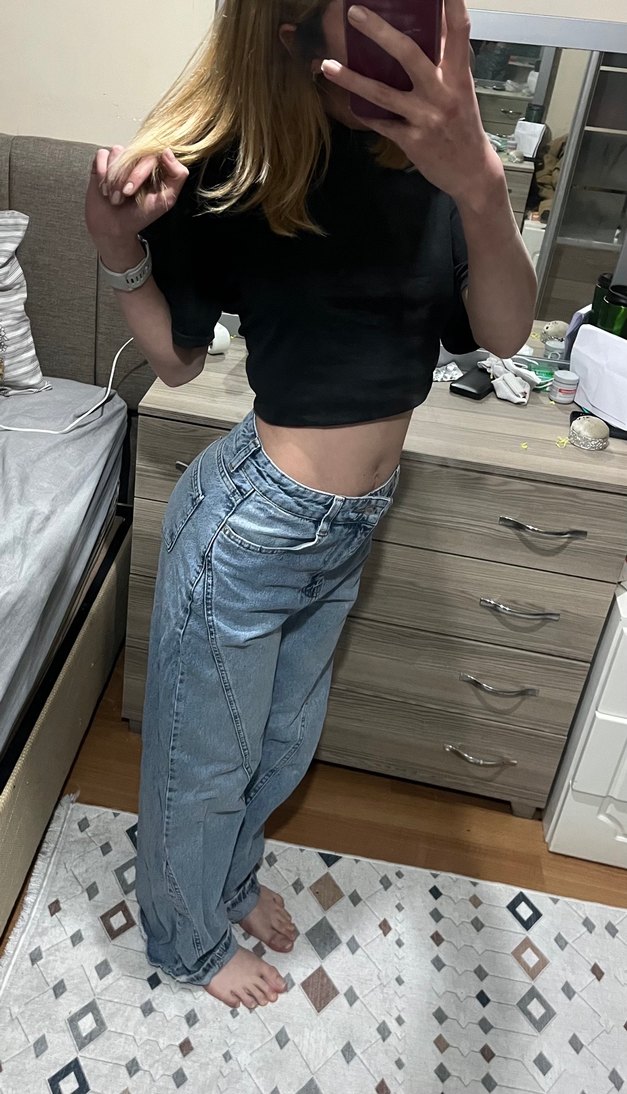 Kadın mavi Rahat Kesim bol paça Kot Pantolon - Görsel 2