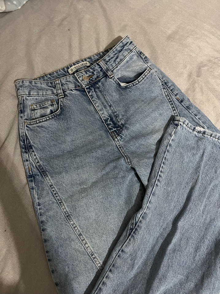 Kadın mavi Rahat Kesim bol paça Kot Pantolon - Görsel 4