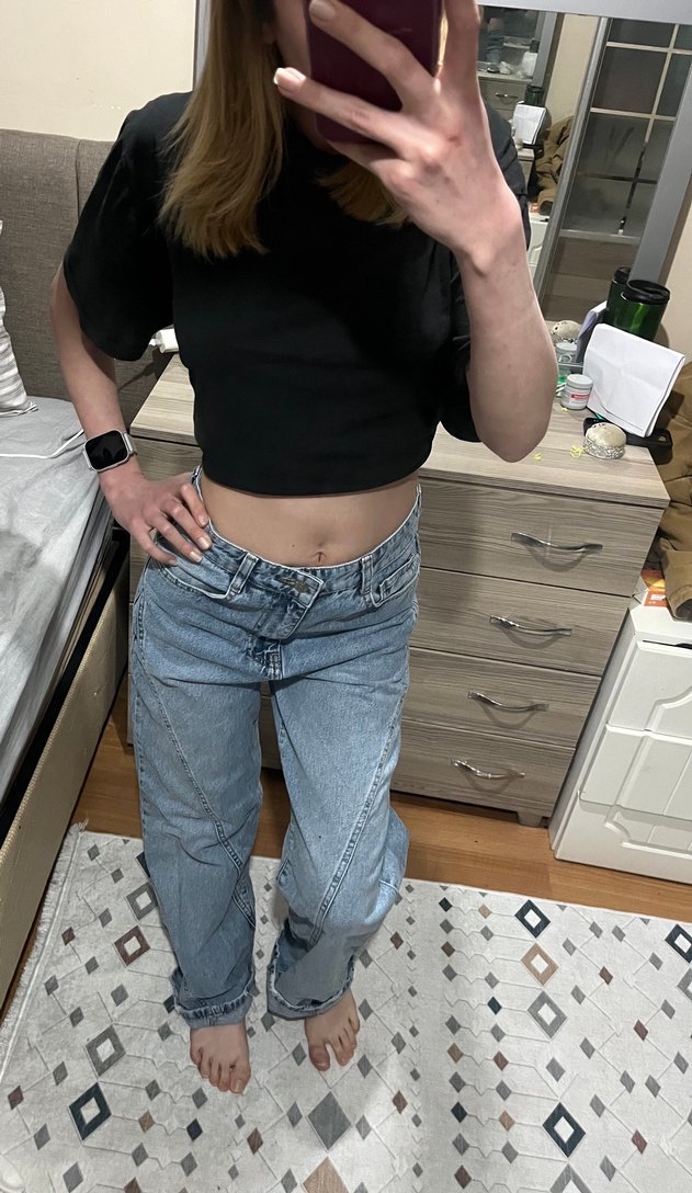 Kadın mavi Rahat Kesim bol paça Kot Pantolon - Görsel 3