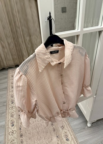 Toz Pembe Kısa Kollu Keten Mini Gömlek - Görsel 2