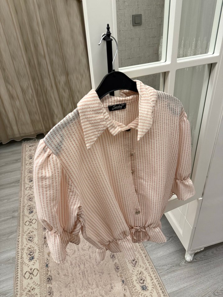 Toz Pembe Kısa Kollu Keten Mini Gömlek - Görsel 2