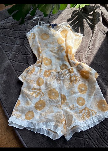 Sarı Bağlamalı Desenli Mini Kadın Pijama Takımı - Görsel 2