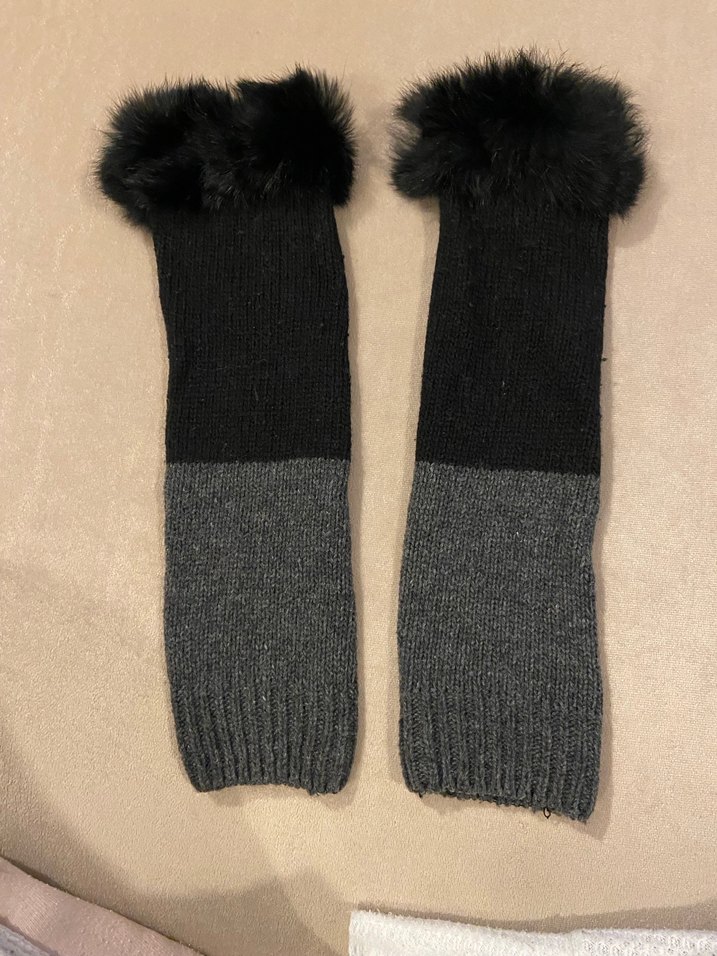 Kürk Detaylı Gri Siyah Kadın Yün Eldiven - Görsel 3