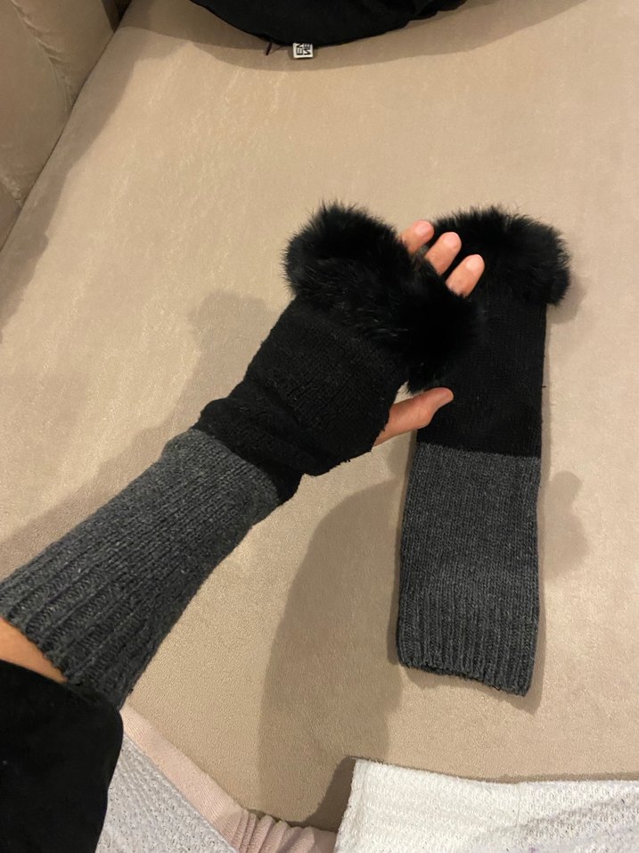 Kürk Detaylı Gri Siyah Kadın Yün Eldiven - Görsel 2