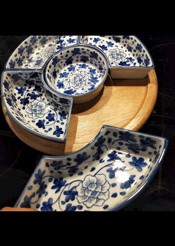 Mavi Çiçek Desenli Bölmeli Seramik Servis Tabağı - Görsel 4