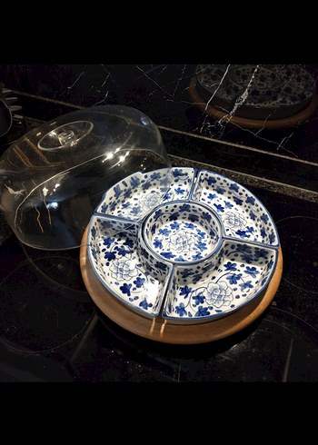 Mavi Çiçek Desenli Bölmeli Seramik Tabak Seti - Görsel 3