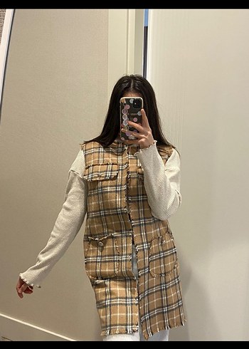 Bej Ekose Düğmeli Kadın Süveter - Görsel 4