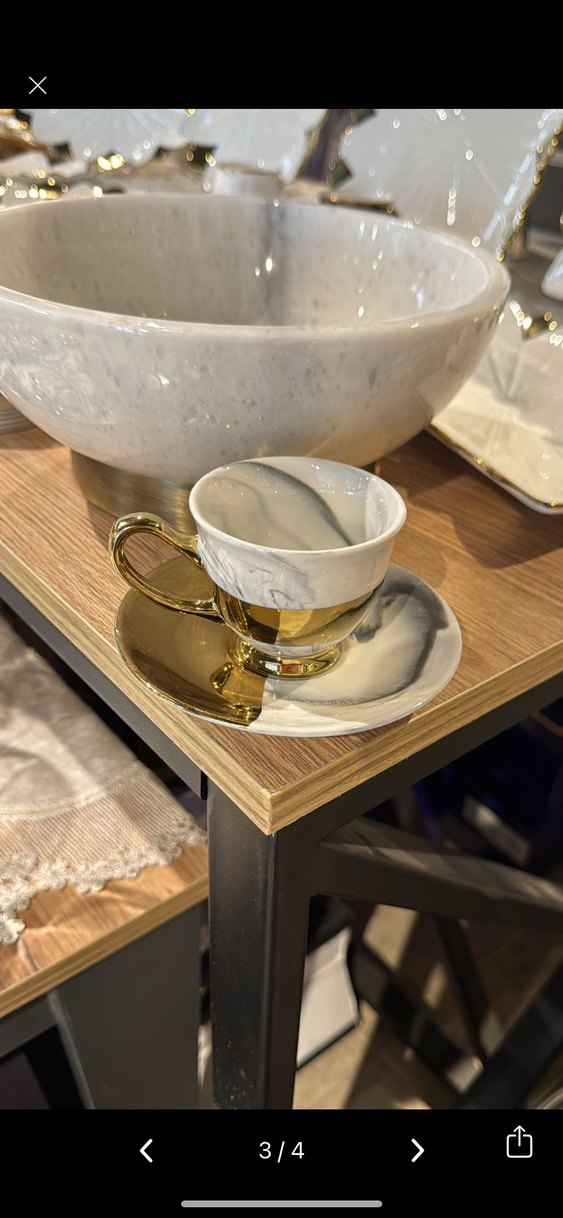 Beyaz ve Altın Detaylı Mermer Desenli Fincan 6 kışlık porselen - Görsel 2