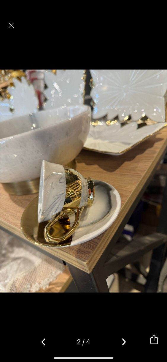 Beyaz ve Altın Detaylı Mermer Desenli Fincan 6 kışlık porselen - Görsel 3