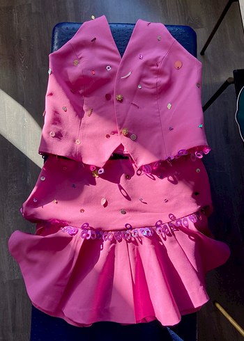 Pembe Fırfırlı Nakışlı taş işlemeli el yapımı 2lı takım - Görsel 2