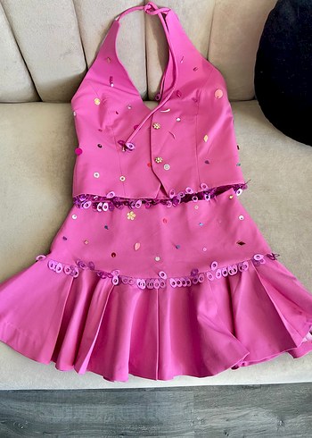 Pembe Fırfırlı Nakışlı taş işlemeli el yapımı 2lı takım - Görsel 6