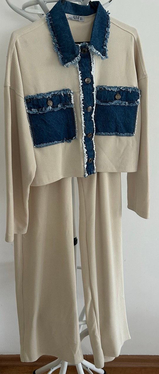 Pamuklu kot detaylı üst alt spor takım - Görsel 3