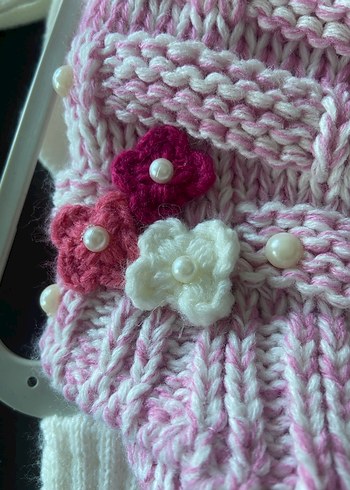 Pembe Nakışlı Çocuk Atkı ponponlu Bere Eldiven Seti - Görsel 5