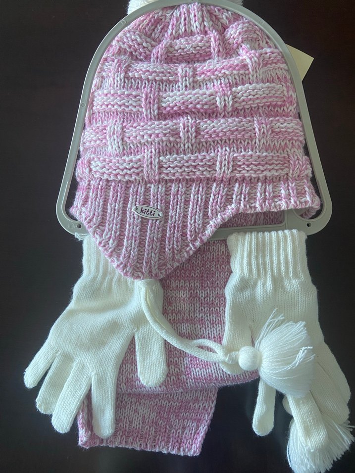 Pembe Nakışlı Çocuk Atkı ponponlu Bere Eldiven Seti - Görsel 3