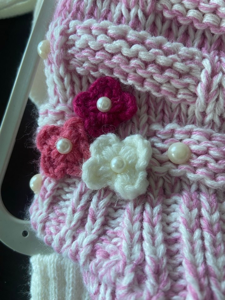 Pembe Nakışlı Çocuk Atkı ponponlu Bere Eldiven Seti - Görsel 5