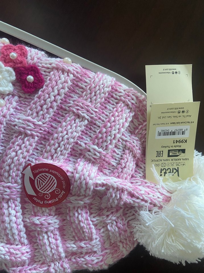 Pembe Nakışlı Çocuk Atkı ponponlu Bere Eldiven Seti - Görsel 2