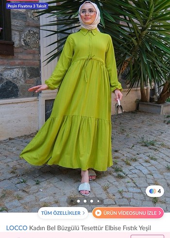 Yeşil Pilili Uzun Keten Elbise - Görsel 2