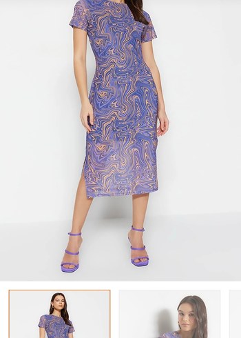 s Beden Mor Batik Desenli Midi Kalem Elbise