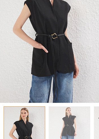 Kemerli Siyah Denim Kadın Yelek
