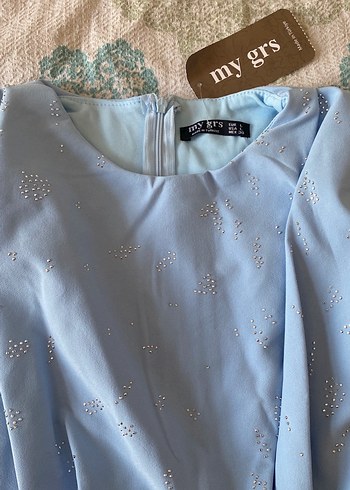 Mavi Drapeli Kolsuz Mini taşlı Elbise - Görsel 4