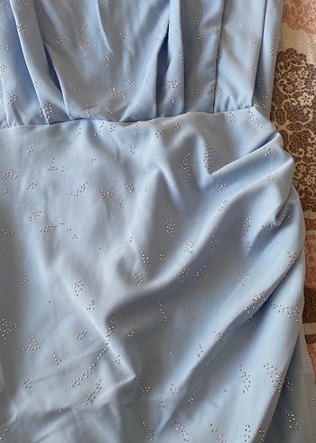 Mavi Drapeli Kolsuz Mini taşlı Elbise - Görsel 5