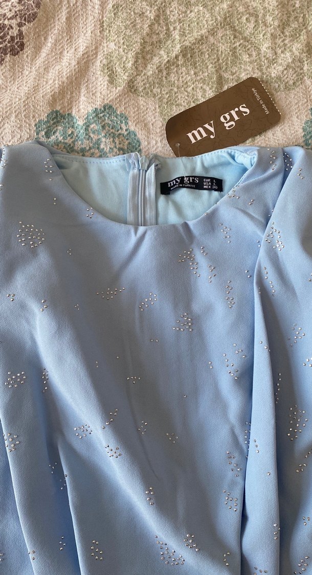 Mavi Drapeli Kolsuz Mini taşlı Elbise - Görsel 4