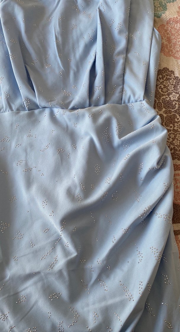 Mavi Drapeli Kolsuz Mini taşlı Elbise - Görsel 5