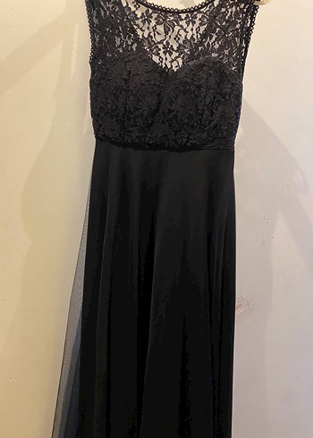 Dantel Detaylı Siyah Uzun Abiye Elbise - Görsel 6