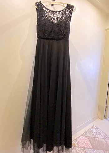 Dantel Detaylı Siyah Uzun Abiye Elbise - Görsel 7