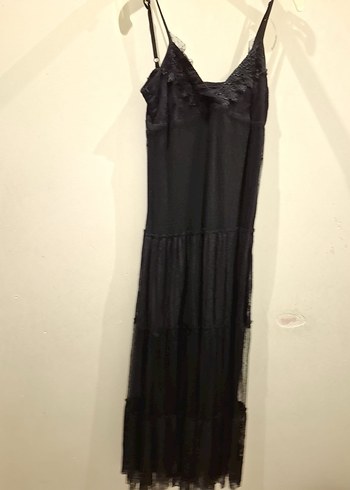 Dantel Detaylı Siyah Uzun Askılı Elbise - Görsel 6